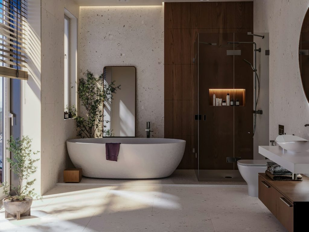 After: freestanding tub beside a walk-in shower