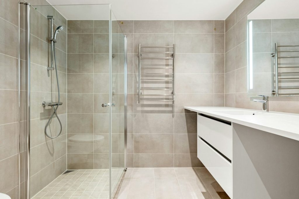 Curbless walk-in shower with a glass door, a linear drain and a handheld shower