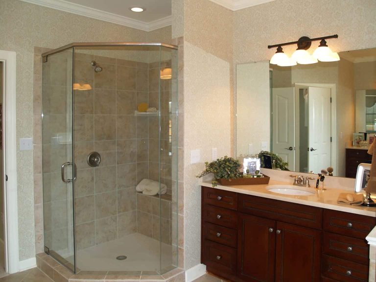 Corner shower enclosure with clear glass doors