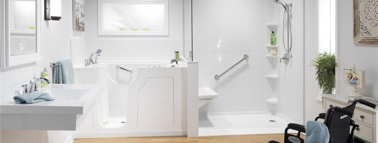 Walk-in tub with grab bars beside a roll-in shower